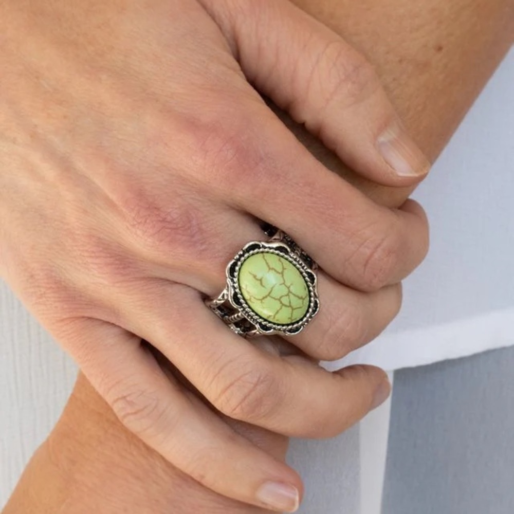 Green and Silver Bohemian Style Ring with Intricate Metalwork